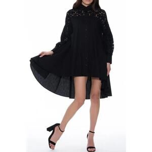 Gracia A-Line Long Sleeved Mesh Trim Shirt Dress Button Front Hi Lo Womens L